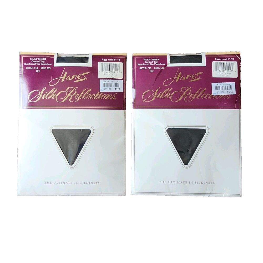 2 Vtg. Hanes Silk Reflections Pantyhose Jet Style 718 Silky Sheer Control Top